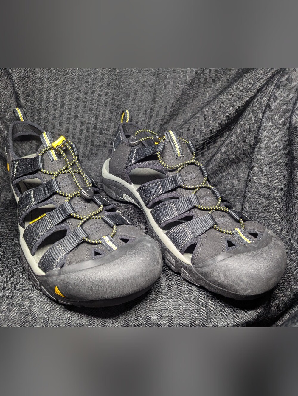 Black, Yellow, & Gray KEEN Newport H2 Water Shoes.